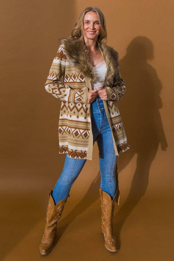 FLYING TOMATO - A midi jacquard knit sweater cardigan TAUPE