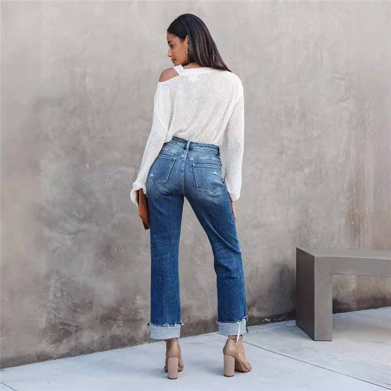 UZ Wholesale Store - Relaxed Fit Straight Leg Denim Jeans: BLUE / M