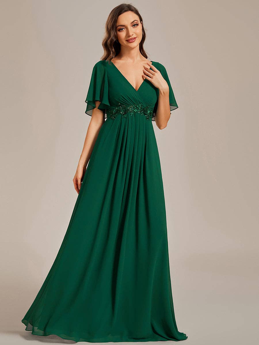 Ever-Pretty - V Neck Appliques Pleated Bridesmaid Dress: Burgundy / 12