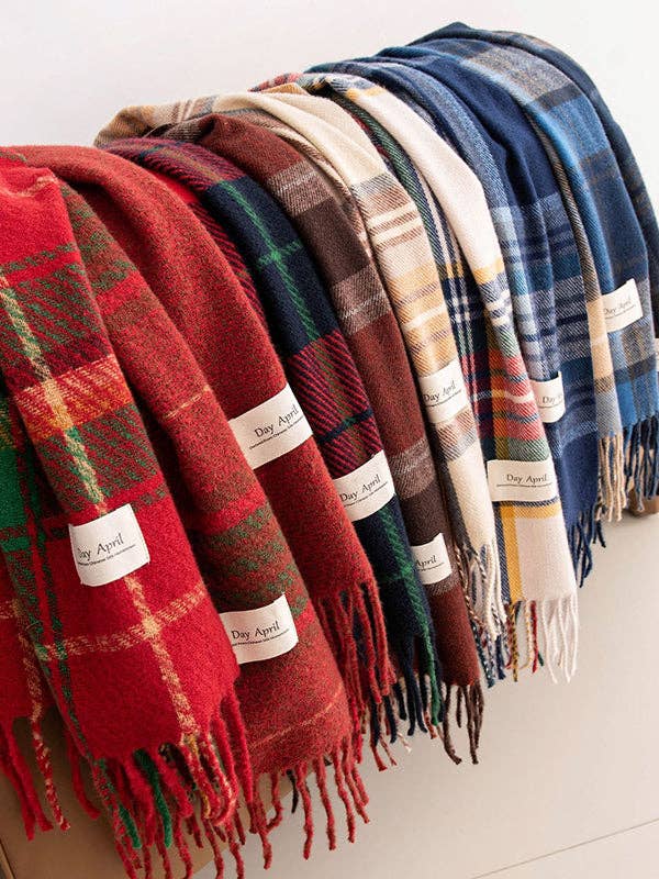 UZ Wholesale Store - Keep Warm Plaid Tasseled Shawl&Scarf: BLUE / One_size