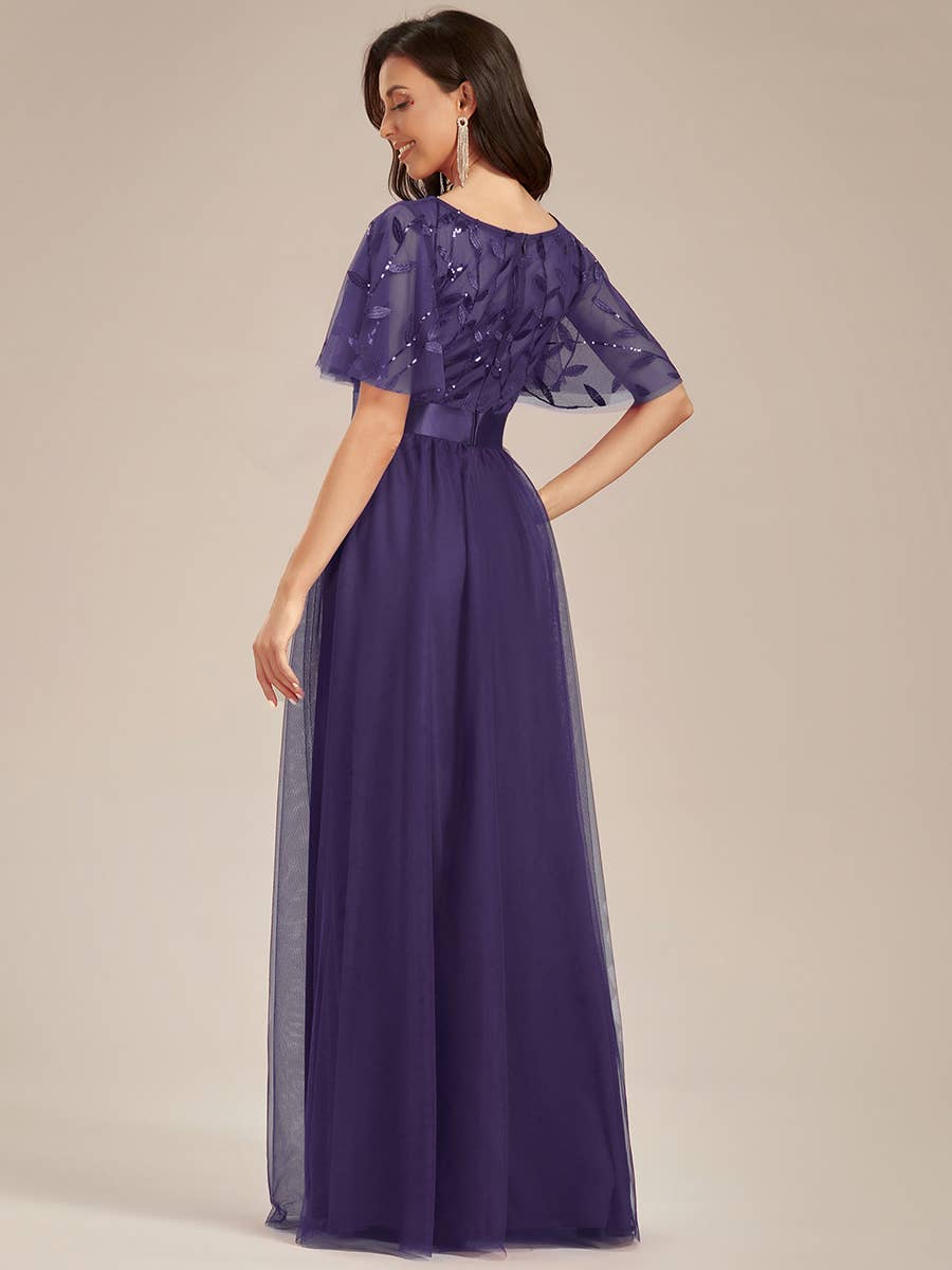Ever-Pretty - Sequin Print Maxi Long Evening Dresses with Cap Sleeve: Dusty Navy / 16