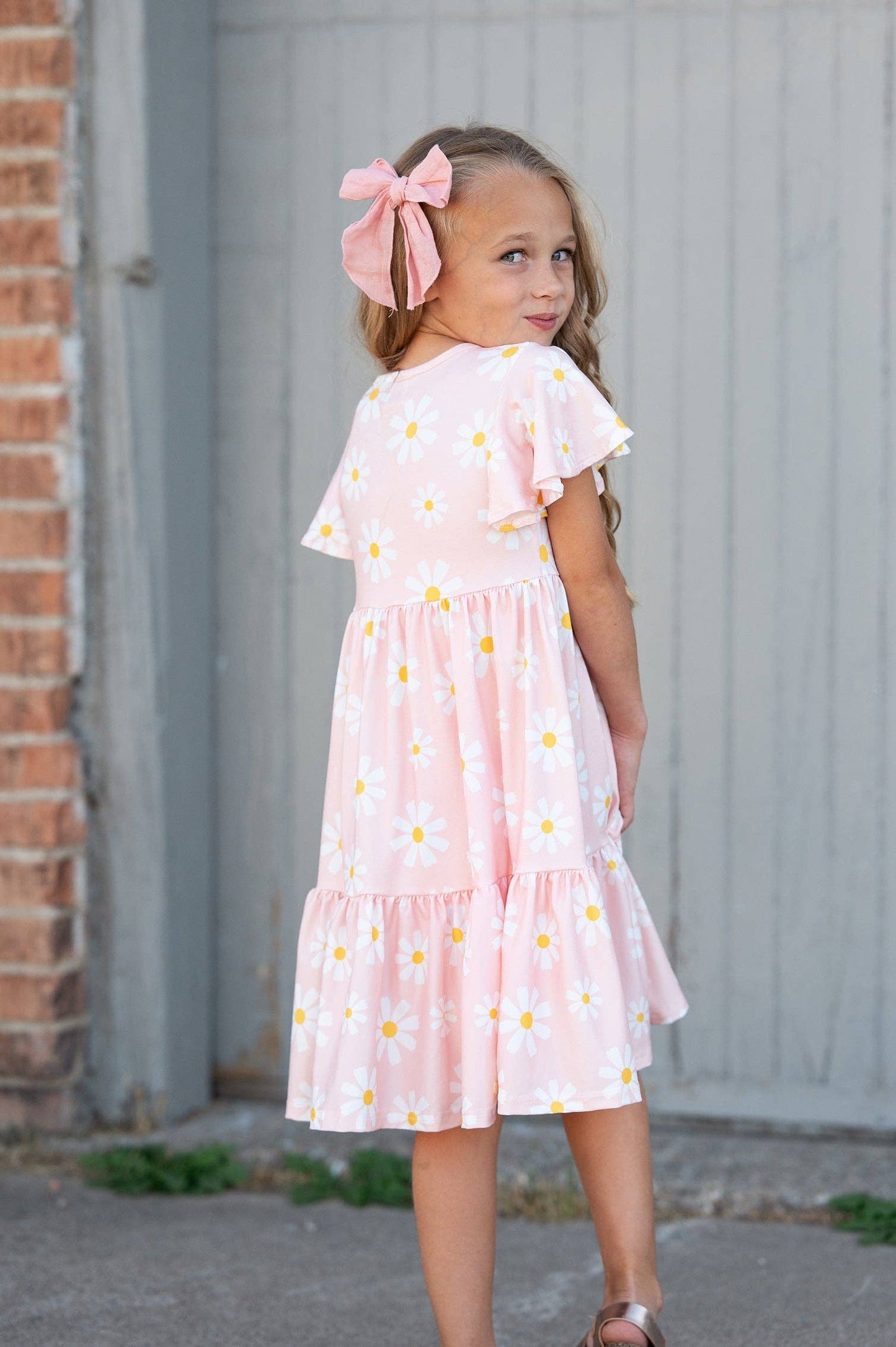 Oopsie Daisy - Girls Emma Pink Spring Daisy Flutter Sleeve Twirl Dress: 10/12