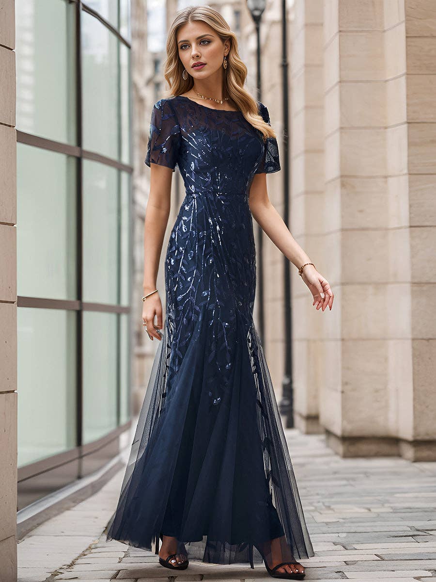 Ever-Pretty - Sequin Shiny Fishtail Tulle Dresses for Party: Dusty Navy / 14