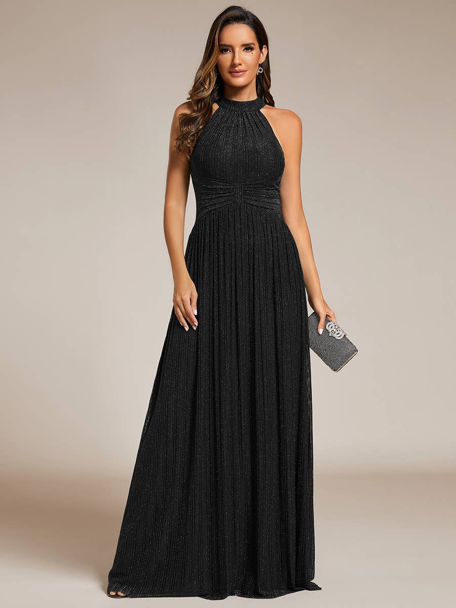 Ever-Pretty - Glittery Halter Neck Pleated Formal Evening Dress: Dark Green / 12