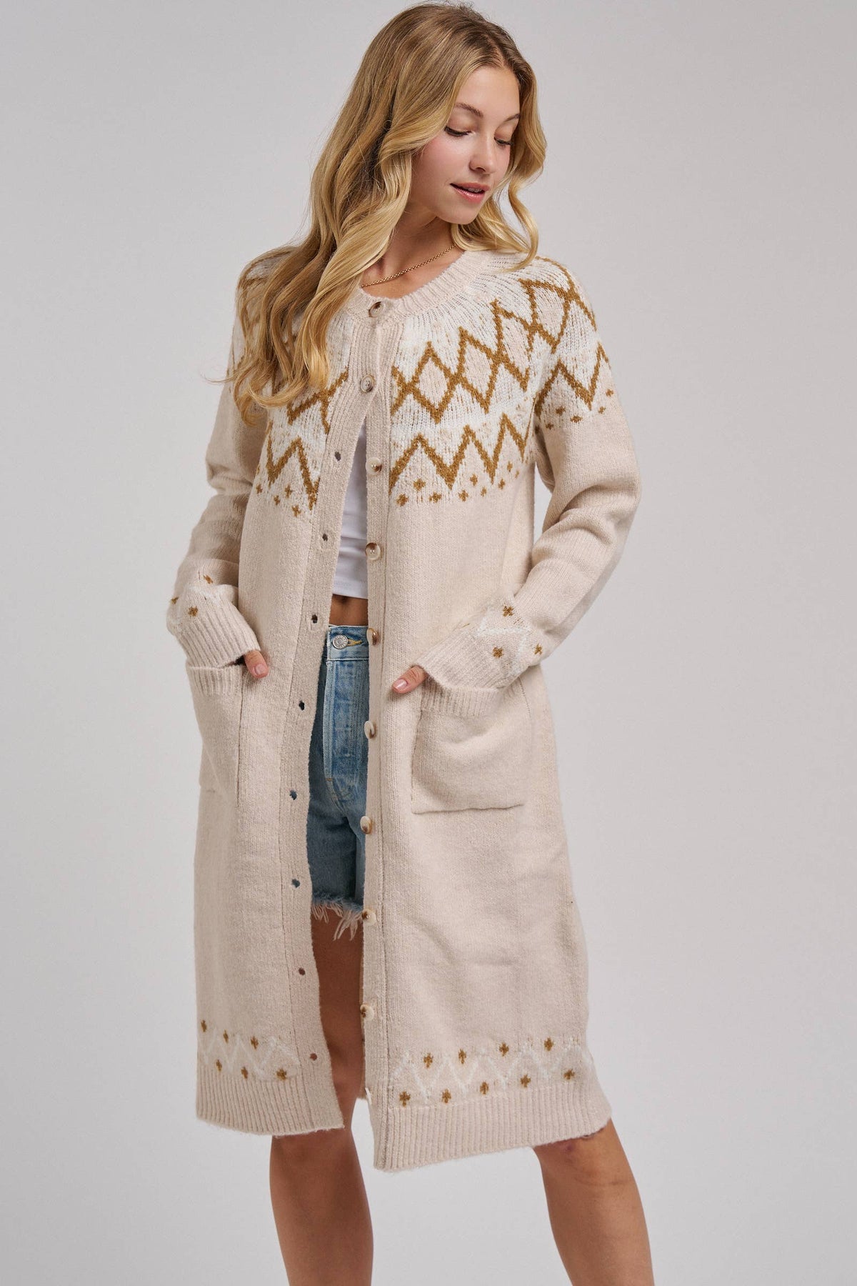 BON - NORDIC FAIR ISLE SWEATER LONG CARDIGAN IN OATMEAL