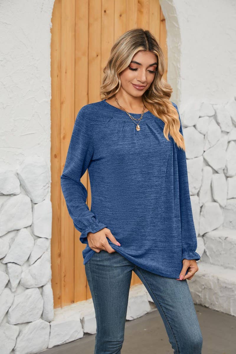 NINEXIS - CWTBLL1048_SOLID COLOR LONG SLEEVE ROUND NECK CASUAL TOP: Green / (M) 1