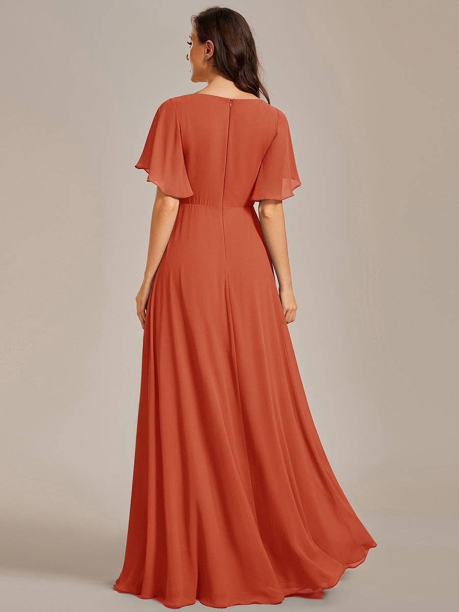 Ever-Pretty - V Neck Appliques Pleated Bridesmaid Dress: Burgundy / 12