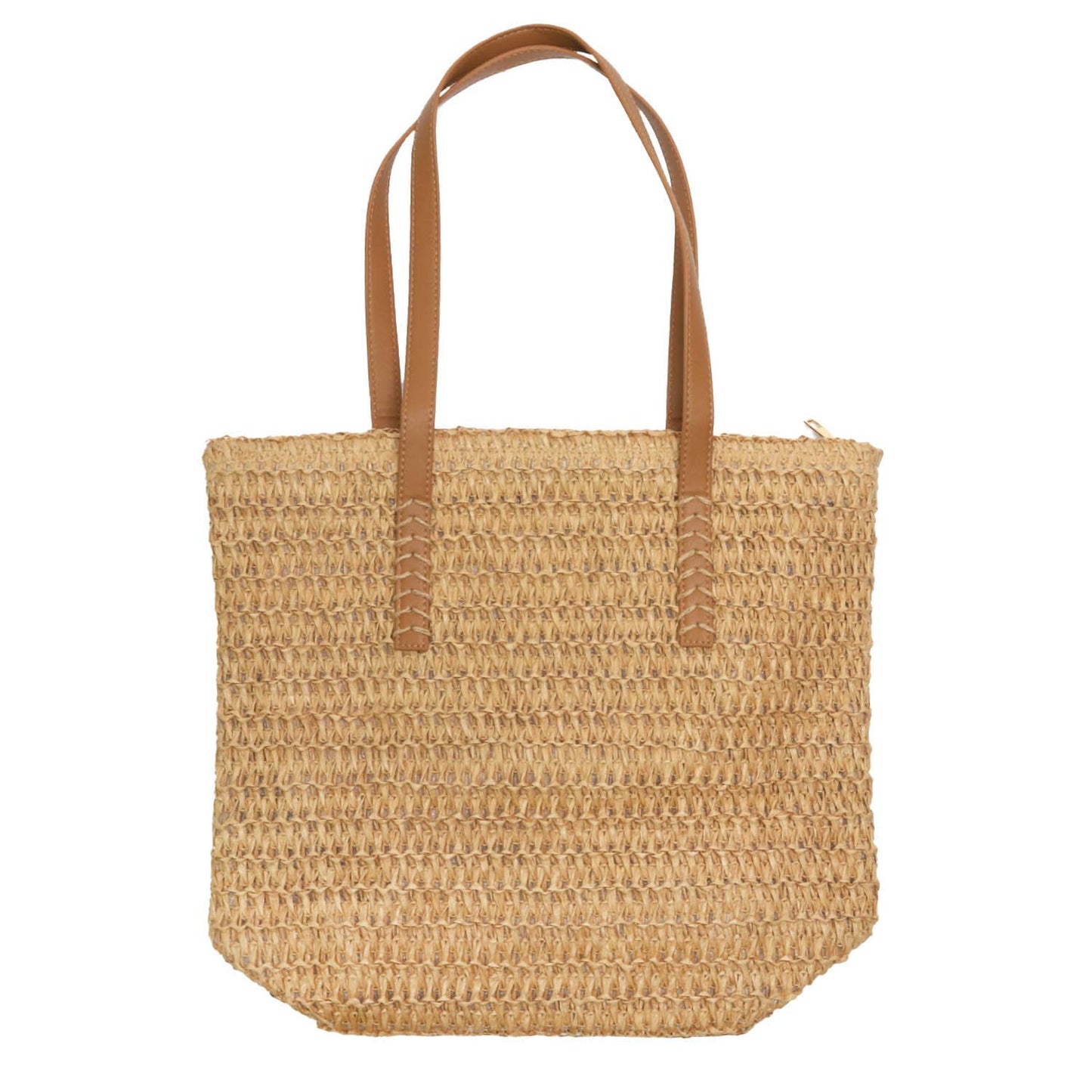 SP Sophia Collection -  Woven Shoulder Zippered Tote Bag with Faux Leather Handles: Beige