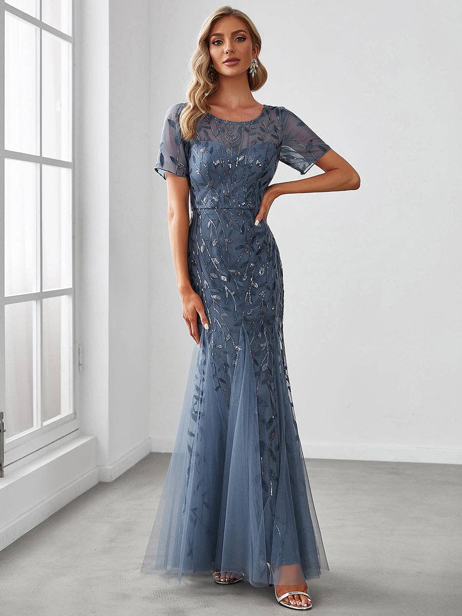 Ever-Pretty - Sequin Shiny Fishtail Tulle Dresses for Party: Dusty Navy / 14