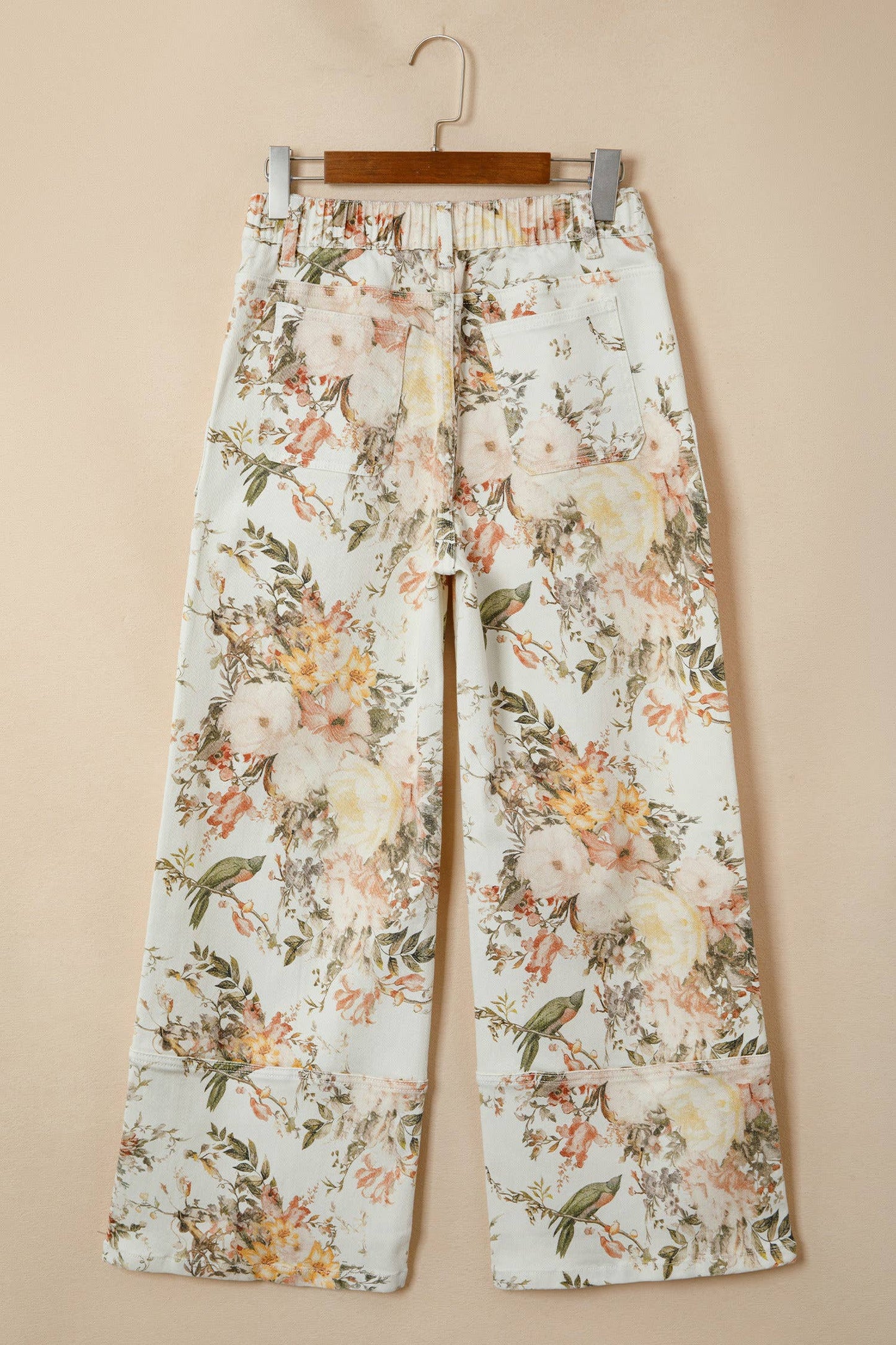 66DISCO - Floral Print High Waisted Wide Leg Denim Jeans: Beige / 4