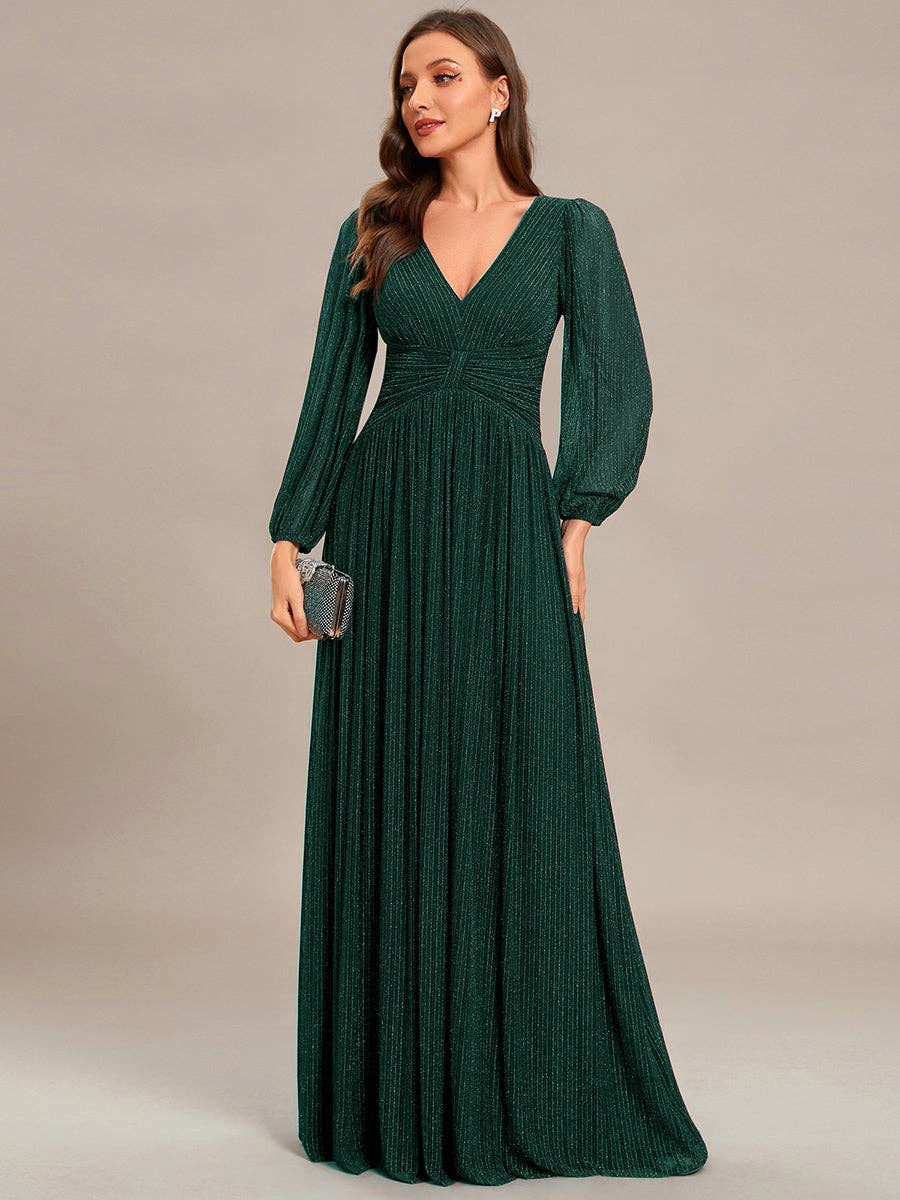 Ever-Pretty - Maxi Long Chiffon Waist V Neck Long Sleeves Evening Dress: Burgundy / 14