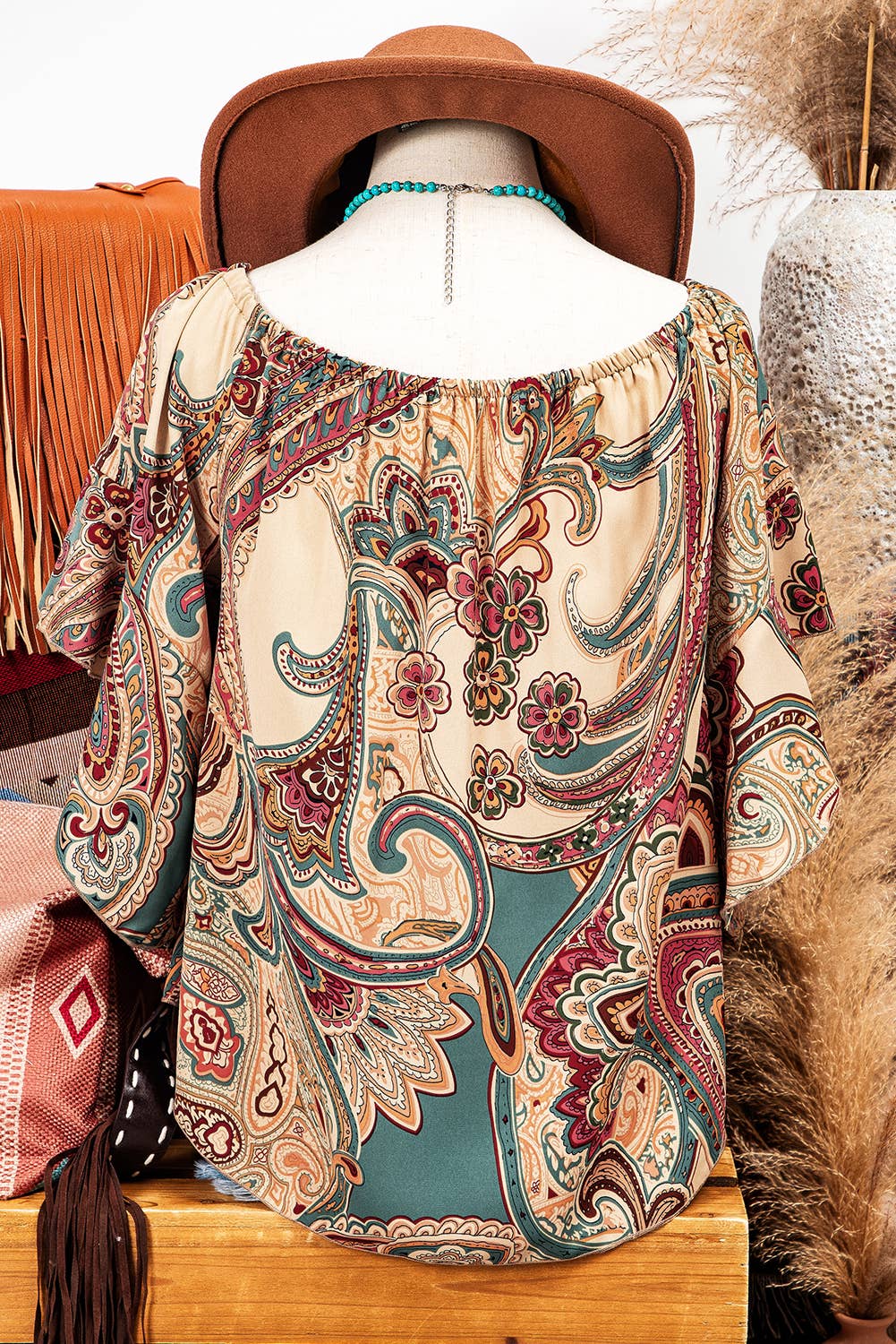 Fashionworks - Paisley Shirred Off Shoulder Ruffled Draped Sleeve Blouse SZ L