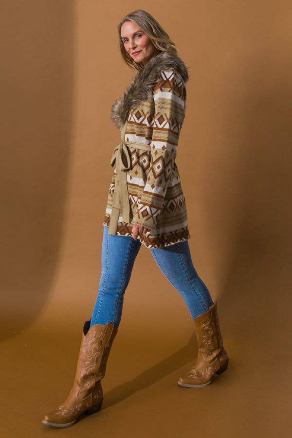 FLYING TOMATO - A midi jacquard knit sweater cardigan TAUPE