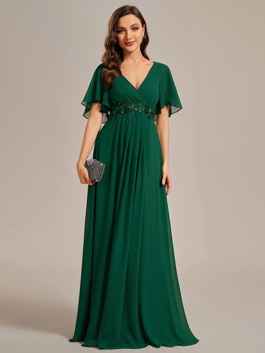 Ever-Pretty - V Neck Appliques Pleated Bridesmaid Dress: Dark Green / 24