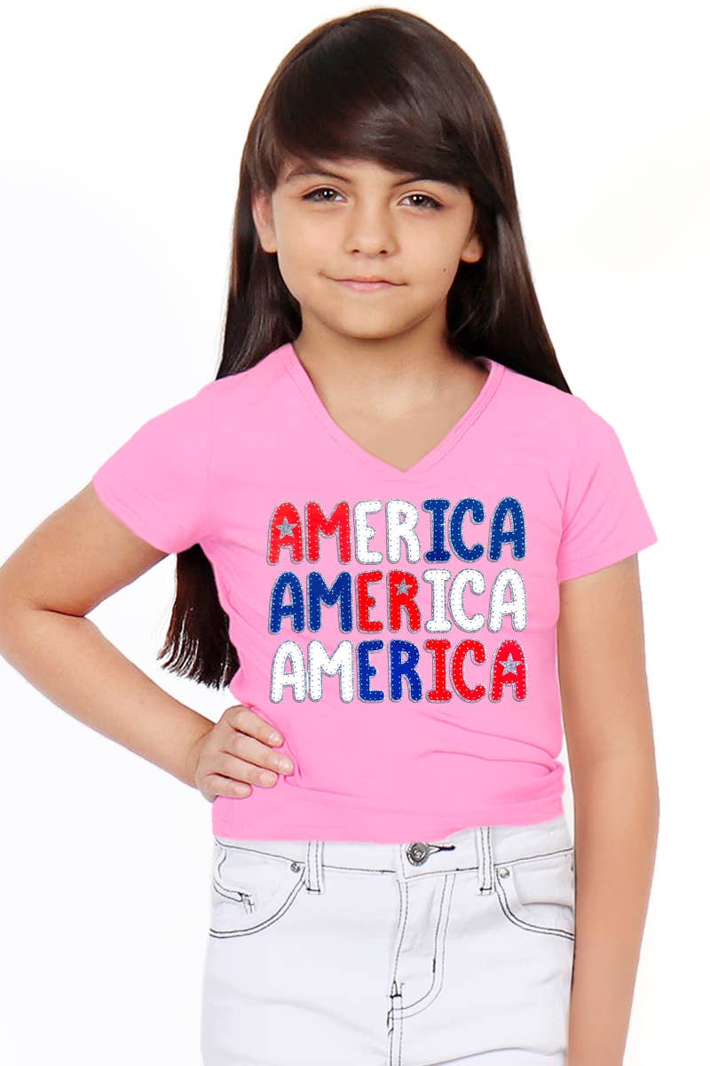 Cutie Patootie Clothing - GKT-16811B-588 Girl's V-Neck 'America' Graphic Tee