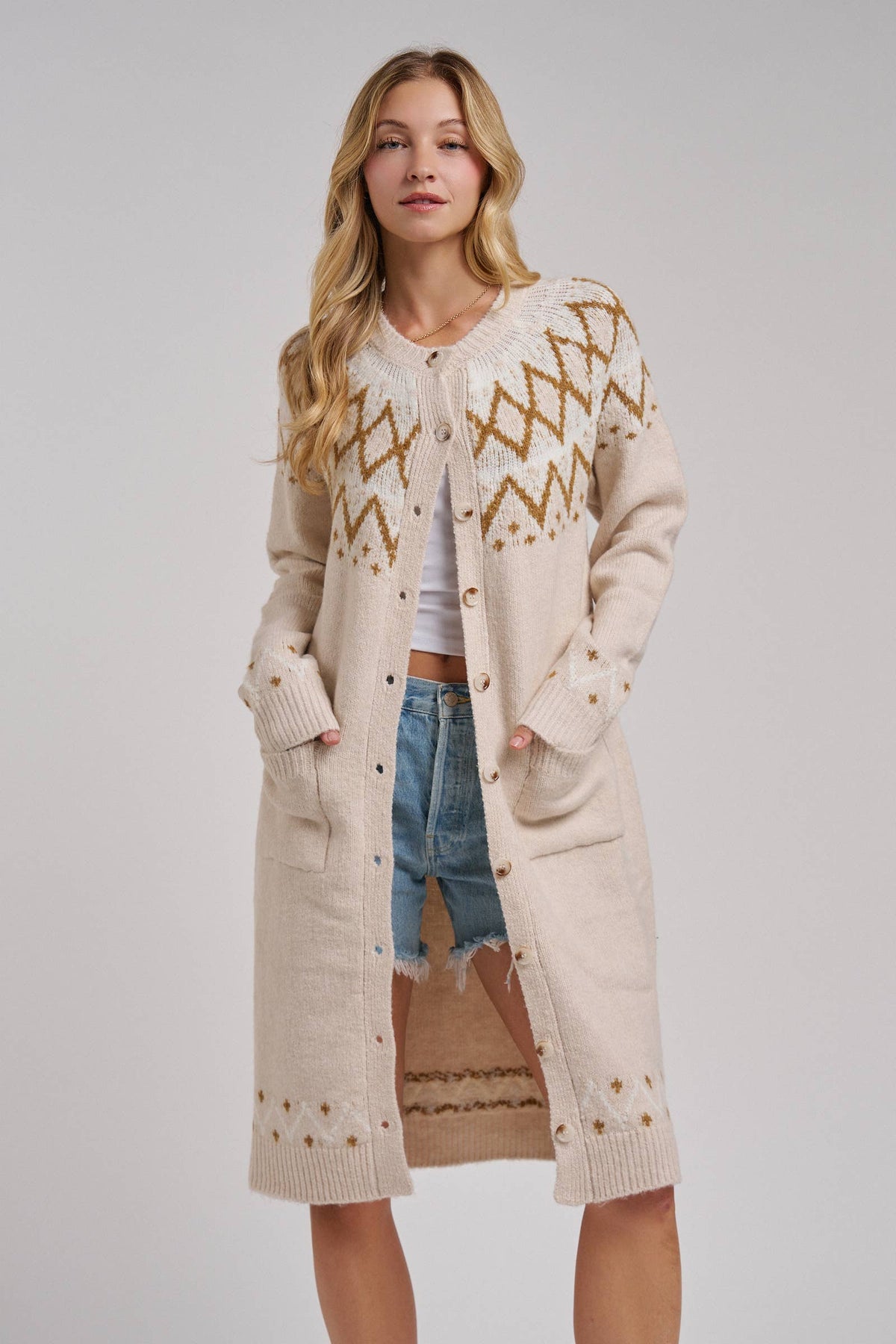 BON - NORDIC FAIR ISLE SWEATER LONG CARDIGAN IN OATMEAL