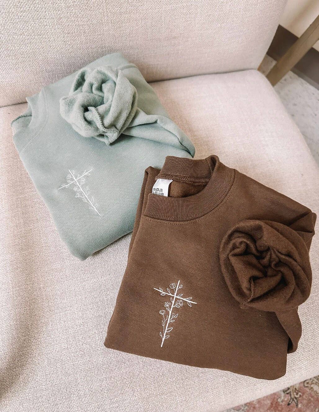 Honey Soul LLC - Embroidered Floral Cross Sweatshirt: Stonewash Green / XLarge