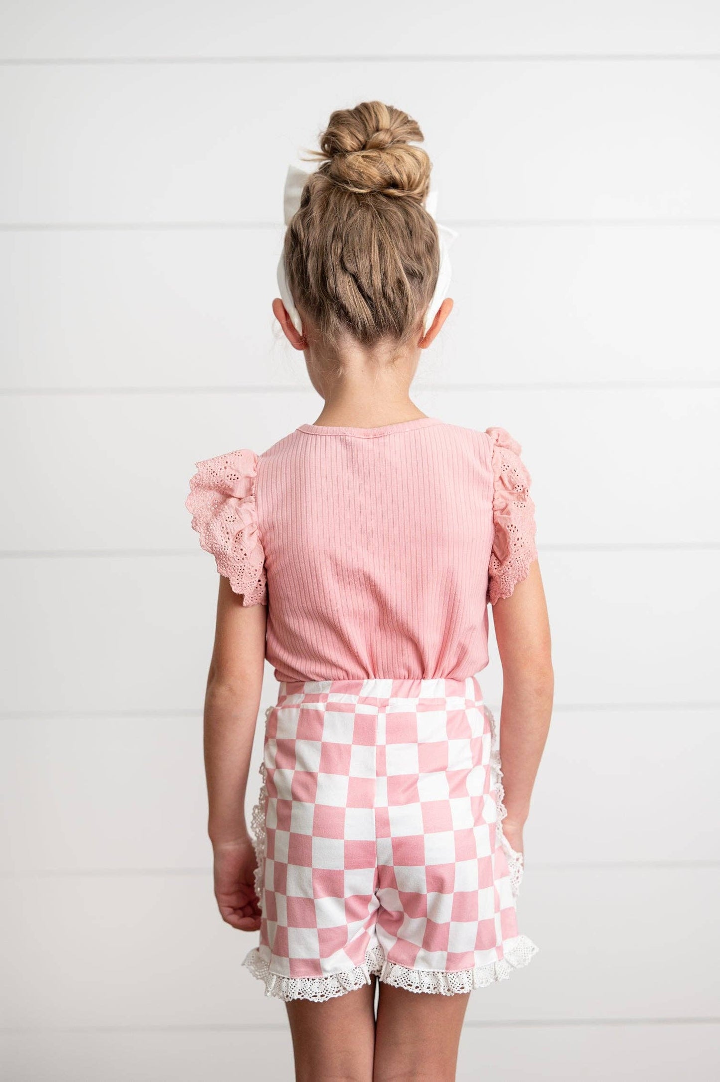 Oopsie Daisy - Girls Pink Lace Checkered Spring Summer Ruffle Short Set: 5/6