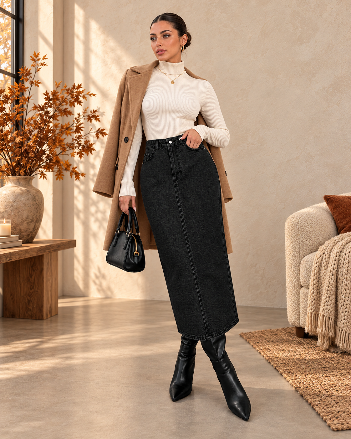 LaughTail Tees - High-Waisted Modest Straight Denim Maxi Skirt: Navy / M/38