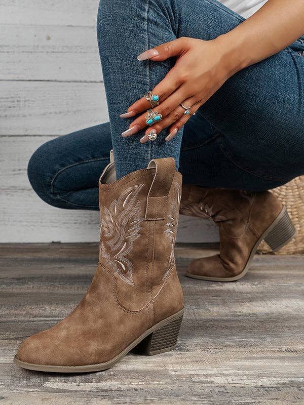 UZ Wholesale Store - Embroidered Round-Toe Split-Joint Boots Pumps: CAMEL / US 6 | EU 36 2/3 | UK 4 | CN 36