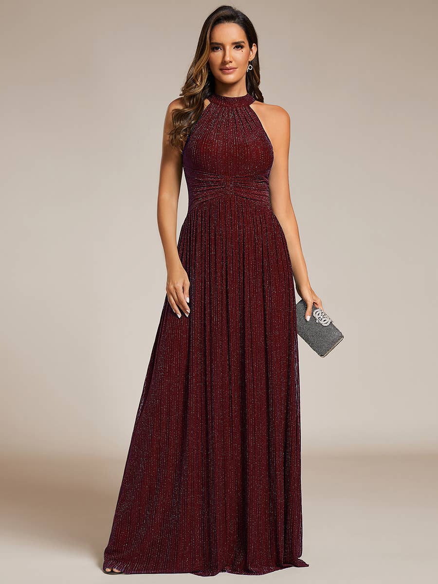 Ever-Pretty - Glittery Halter Neck Pleated Formal Evening Dress: Dark Green / 12