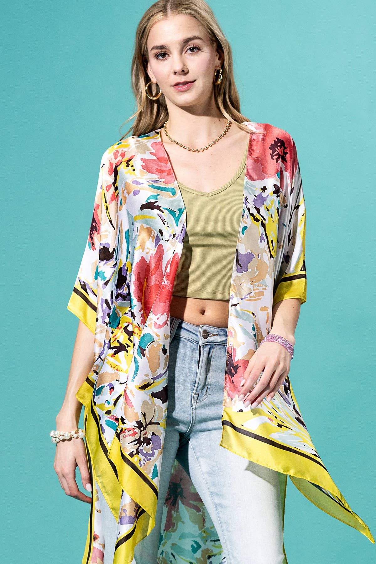 Urbanista - Abstract Floral Print Kimono: PINK-PK