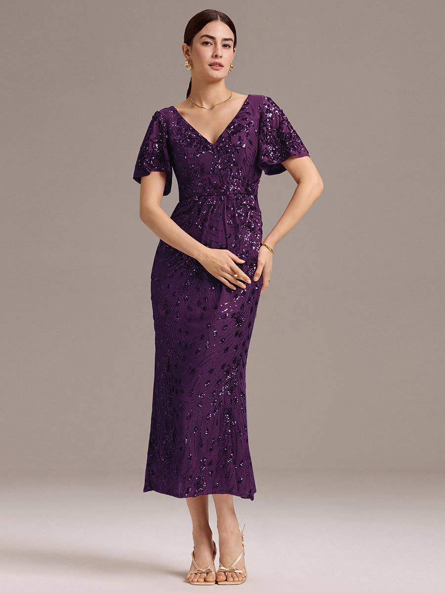 Ever-Pretty - Strapless Deep Fishtail Paillette Midi Evening Dresses: Sapphire Blue / 22
