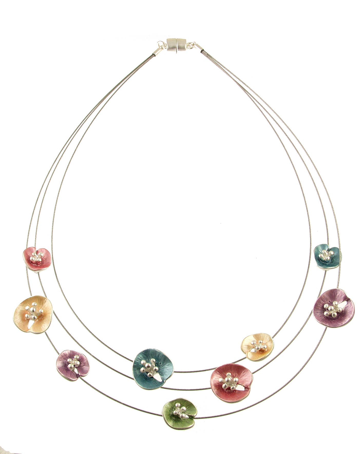 Origin Jewelry - Floral Lilypad Necklace, Three Strands, 18", Magnetic Clasp: Gr Gold