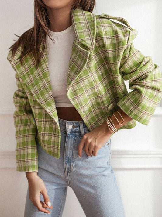 UZ Store - Long Sleeves Loose Plaid Split-Joint Peter Pan Collar Jackets&Coats: GREEN