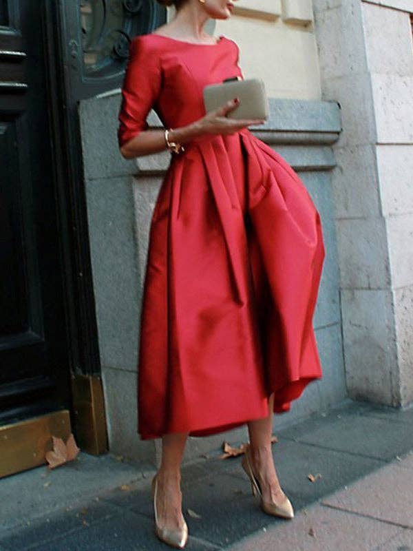 Sheer Trend - A-Line Loose Pleated Pockets Solid Color Split-Joint Round-Neck Midi Dresses: S / GREEN
