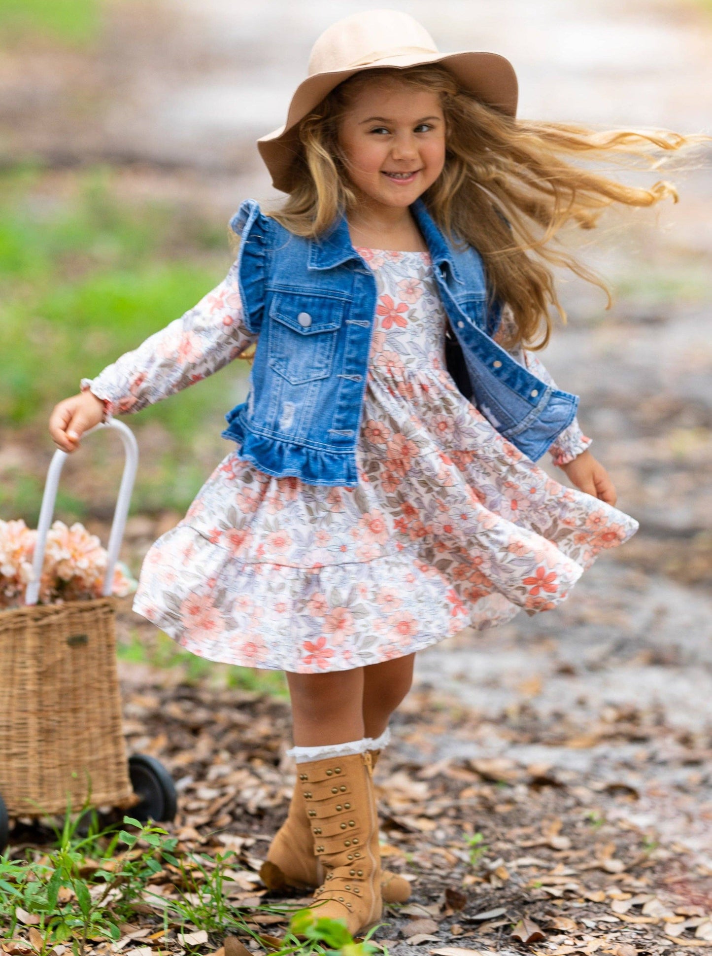 Mia Belle Girls • Wholesale - Long Sleeve Floral Dress w/ Ruffle Denim Vest & Set: Multicolor / 5Y