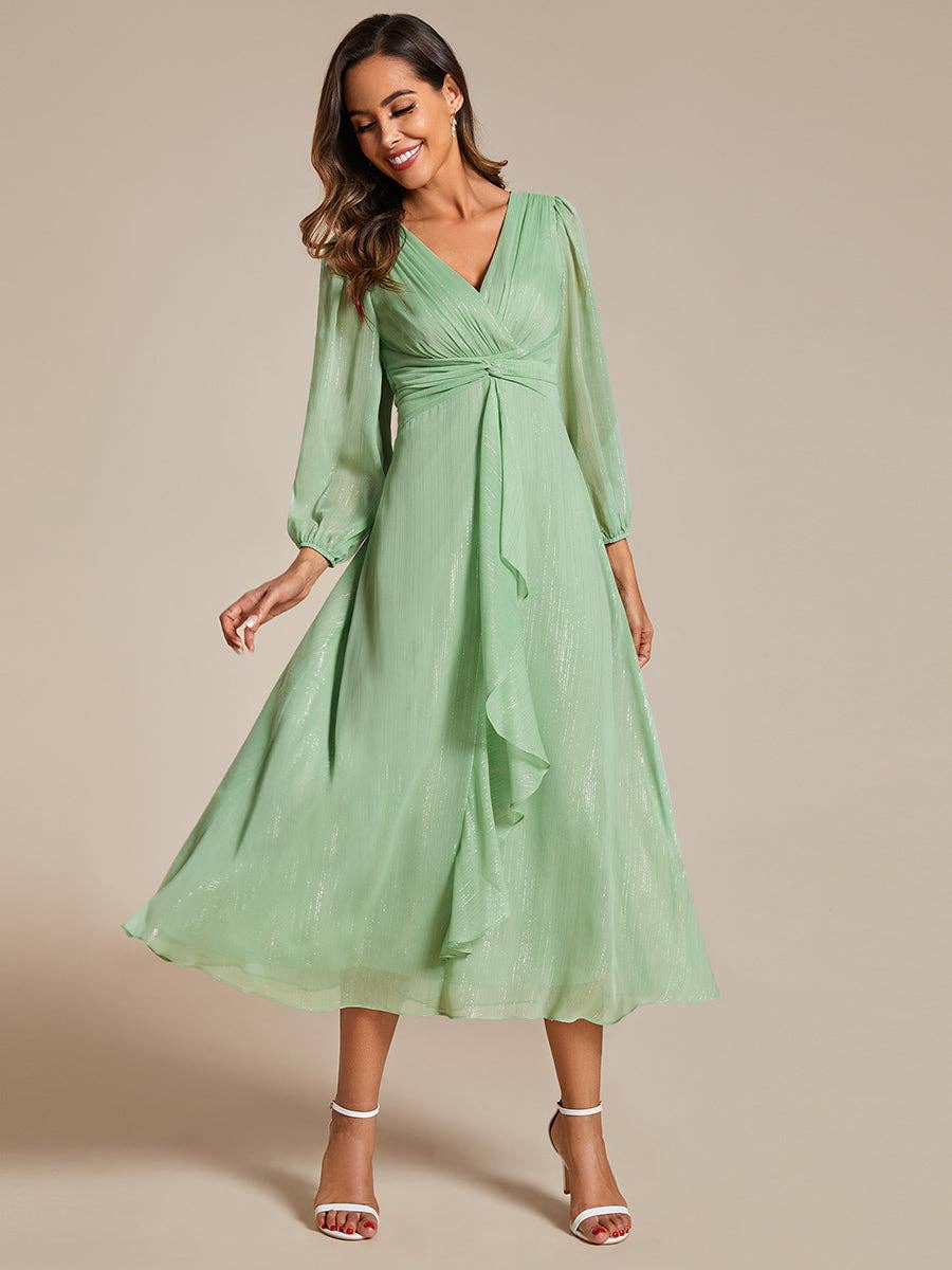 Ever-Pretty - Shiny Chiffon Wedding Guest Dress with Long Sleeve: Black / 12