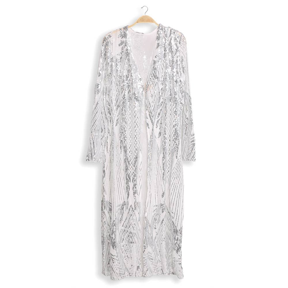 Sensibling Corp. - Leaves Pattern Sequin Long Cover-Up Kimono Poncho: Silver