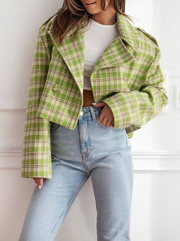 UZ Store - Long Sleeves Loose Plaid Split-Joint Peter Pan Collar Jackets&Coats: GREEN