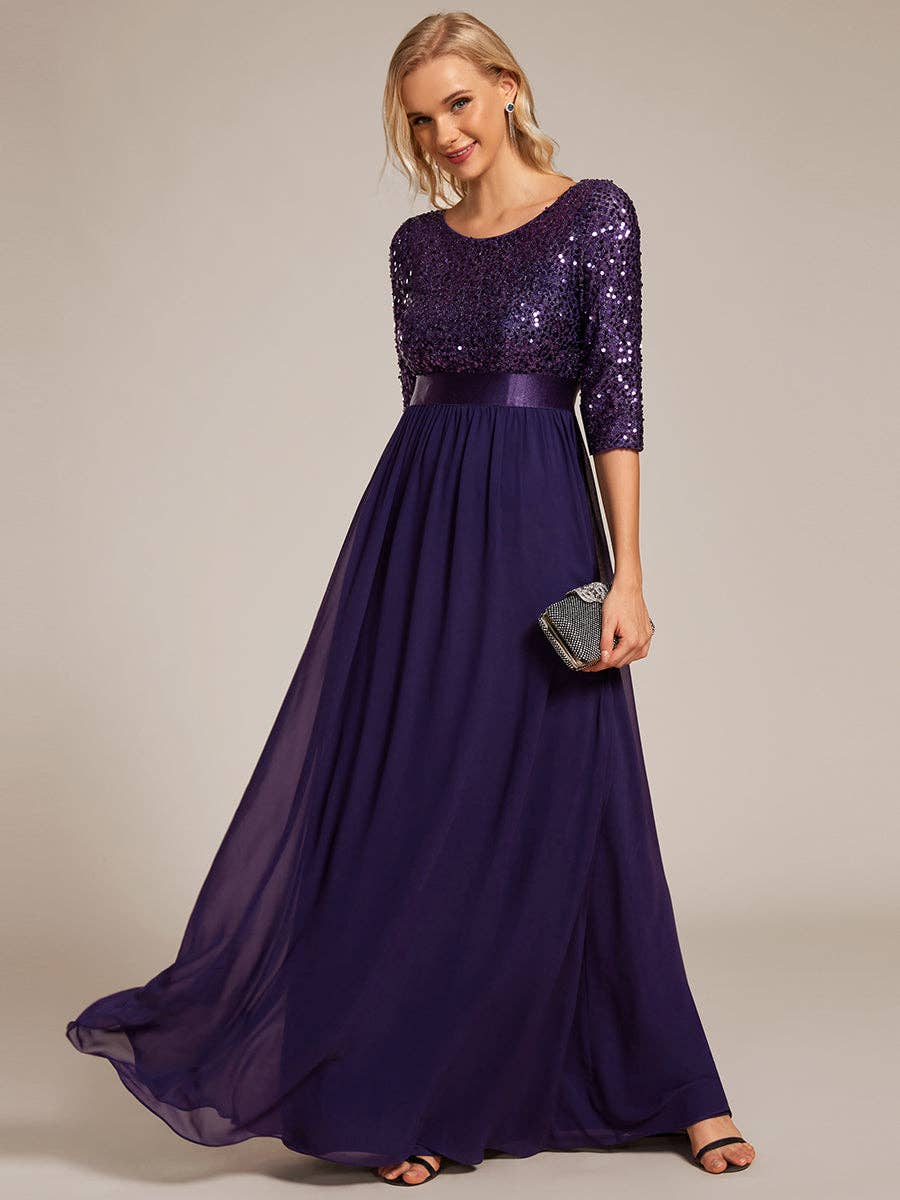 Ever-Pretty - Elegant Round Neckline Sequins Patchwork Dress: Navy Blue / 16