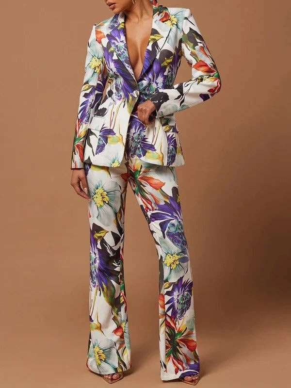 UZ Wholesale Store - Long Sleeves Floral Printed Split-Joint Lapel Suit Outerwear: COLORFUL / S