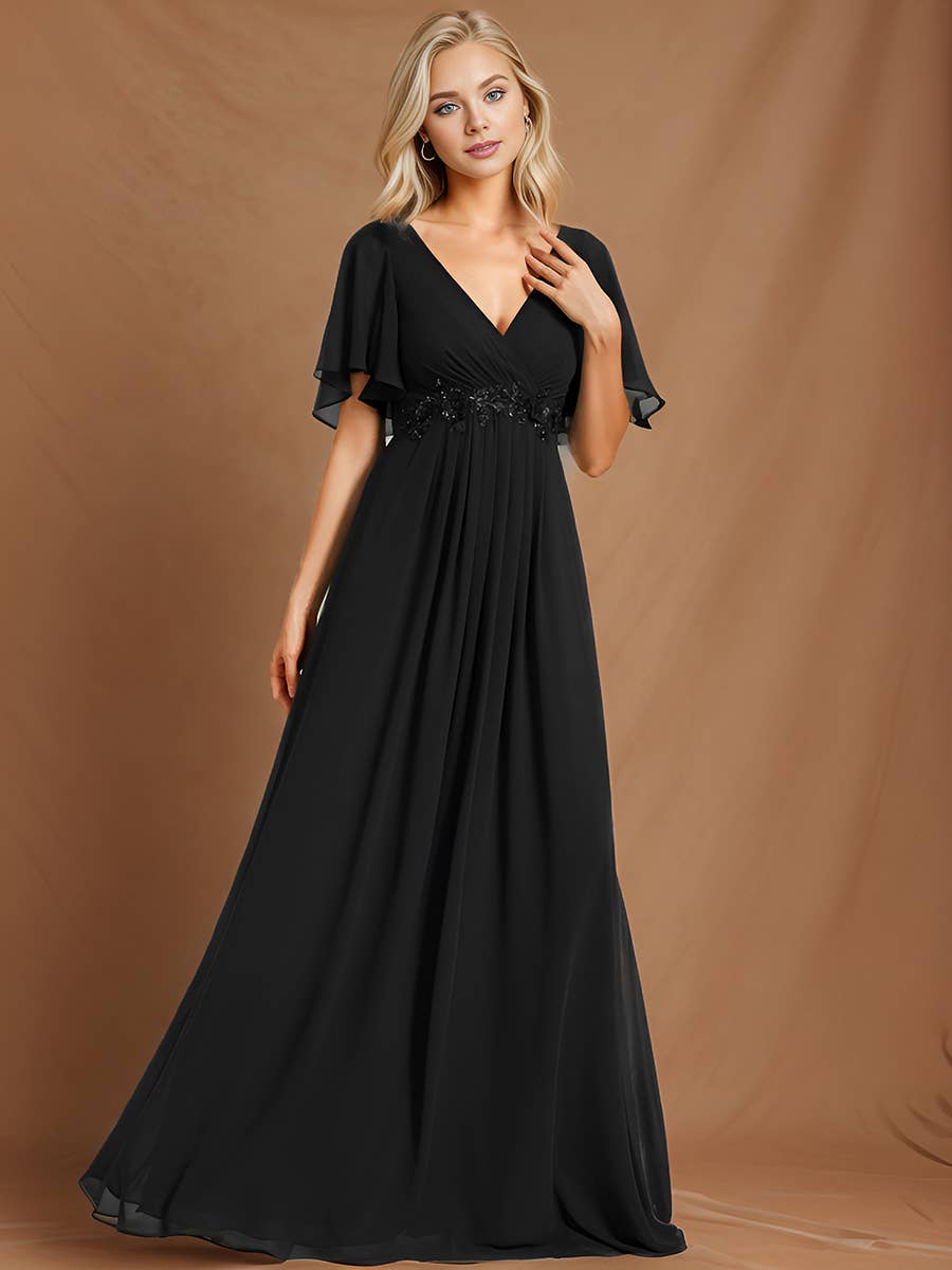Ever-Pretty - V Neck Appliques Pleated Bridesmaid Dress: Burgundy / 12