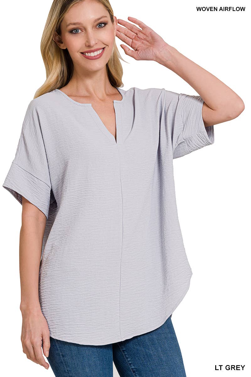 42POPS -Woven Airflow Split Neck Short Sleeve Top Fuschia