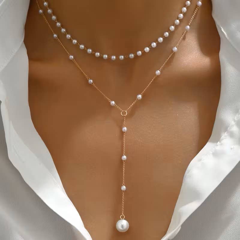 Syrrios Gifts LLC - Layered Pearl Necklace Women Gold Y Lariat Choker Dainty