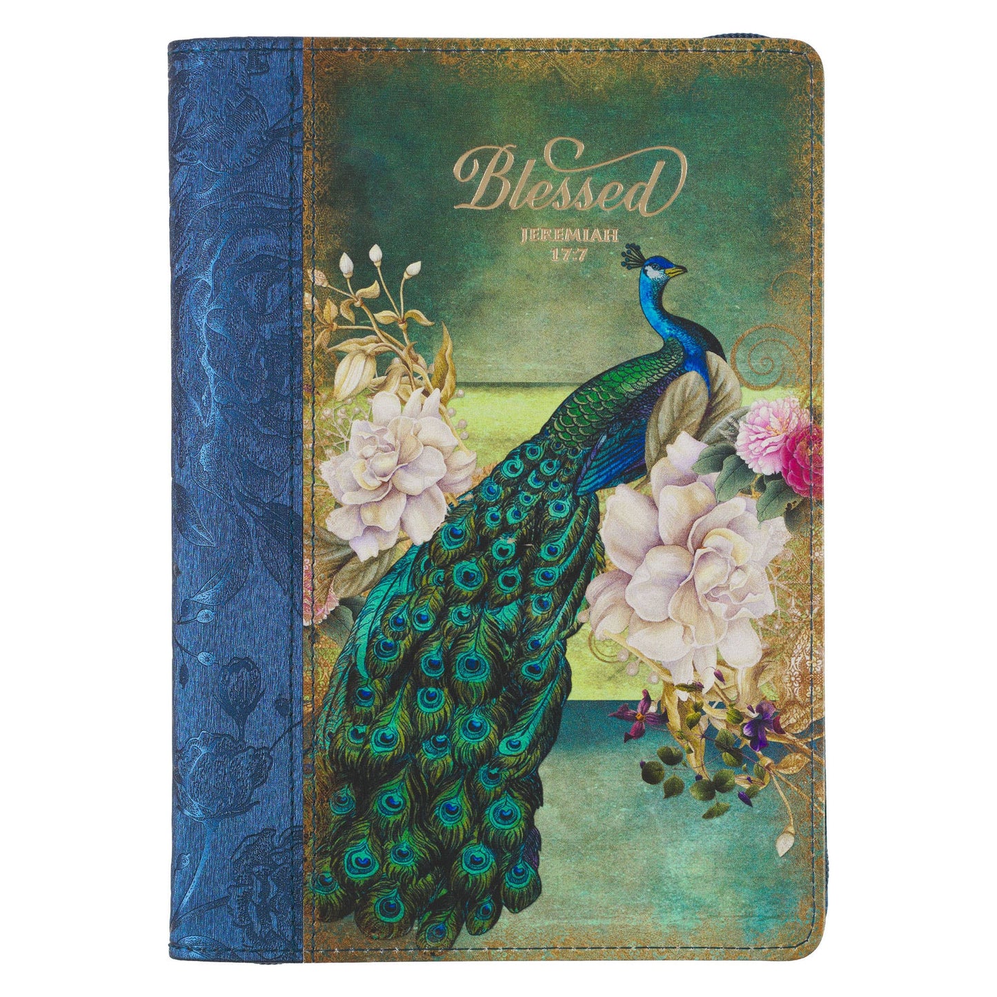 Christian Art Gifts - Journal Classic Zip Blue/Peacock Printed Blessed Jer. 17:7