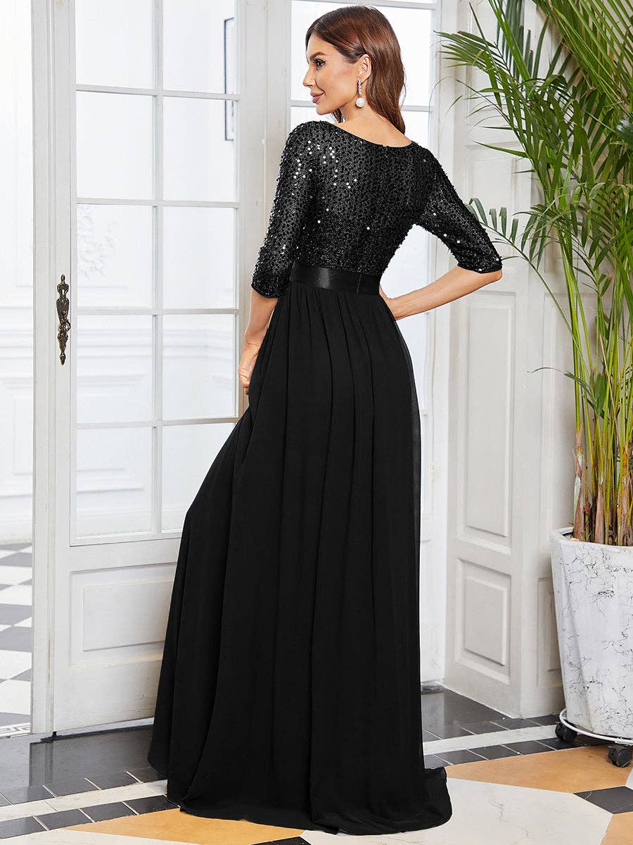 Ever-Pretty - Elegant Round Neckline Sequins Patchwork Dress: Navy Blue / 16