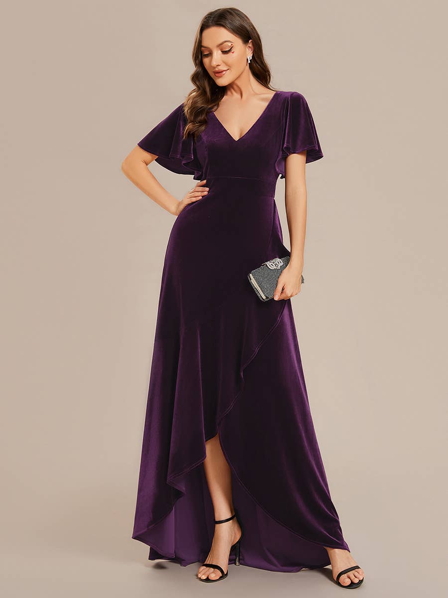 Ever-Pretty - High-low V Neck Evening Dress with Short Sleeves: Dark Purple