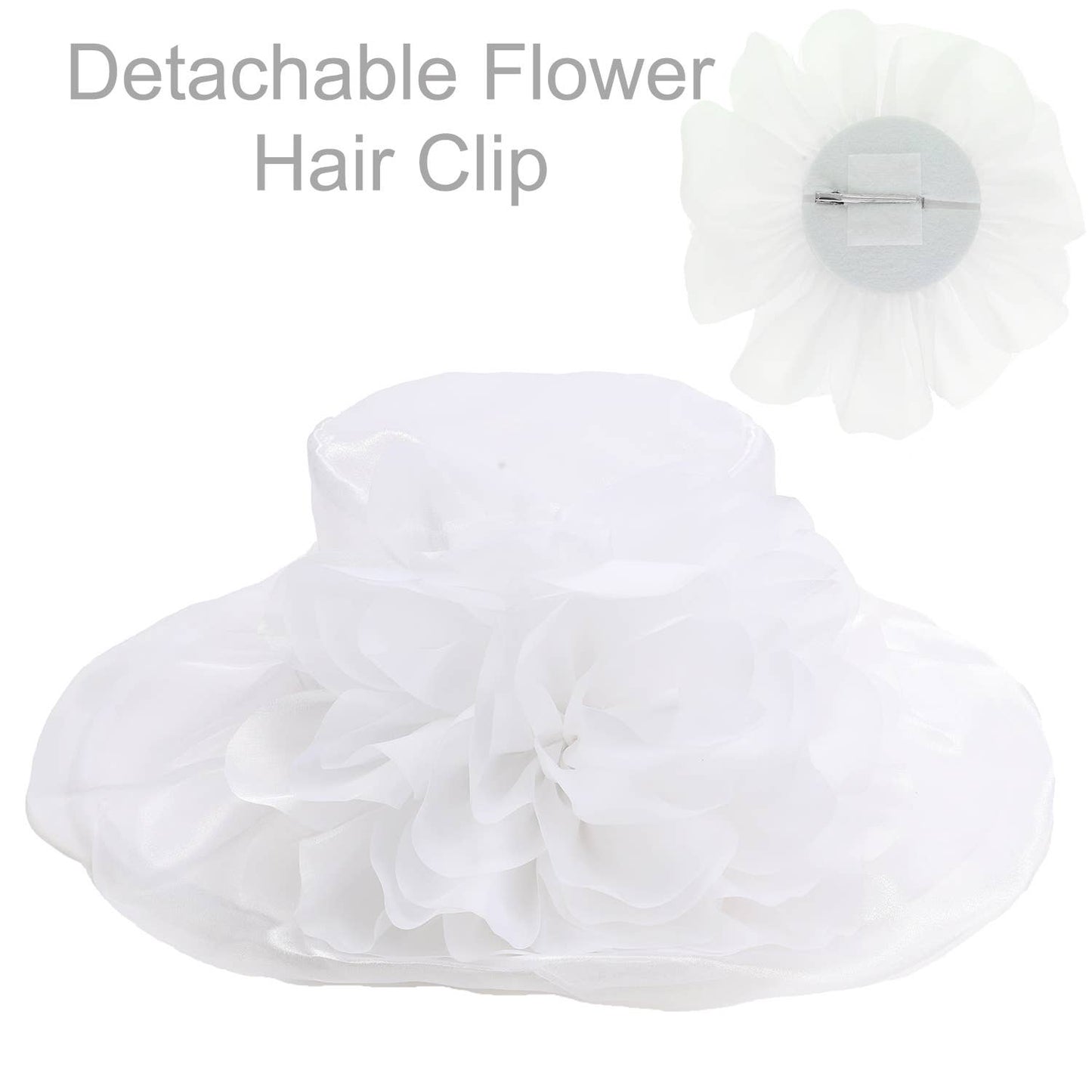 SP Sophia Collection - Wide Brim Organza Hat with Detachable Floral Fascinator Clip: Black