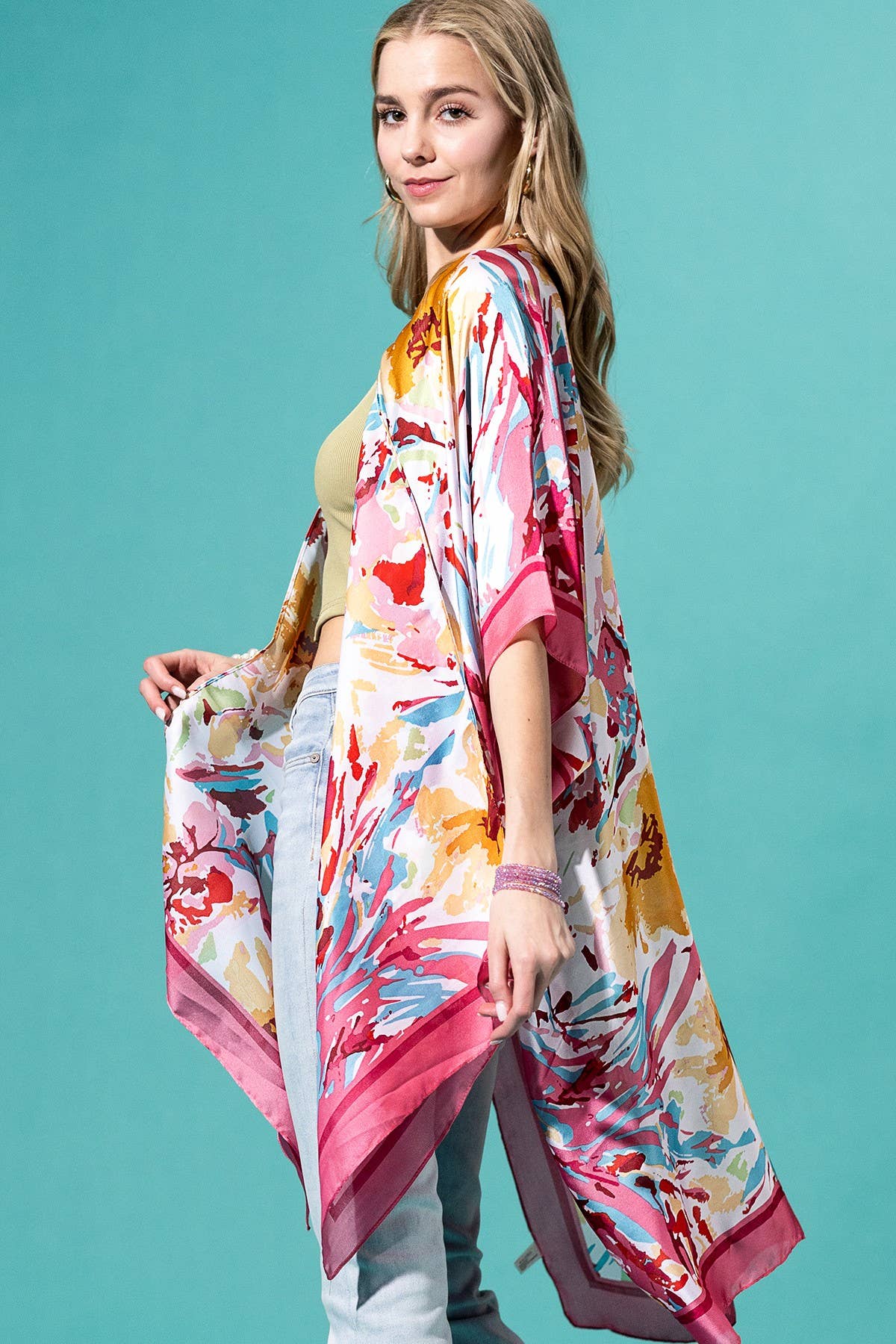 Urbanista - Abstract Floral Print Kimono: PINK-PK