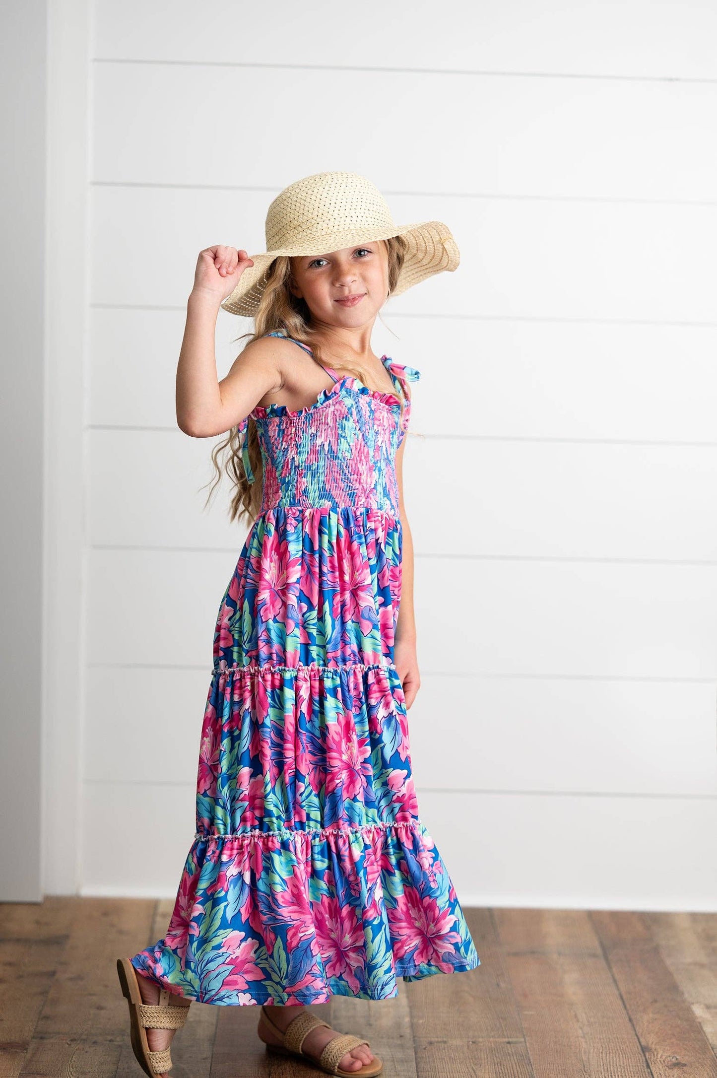 Oopsie Daisy - Girls Hot Pink Hawaiian Tropical Tiered Spring Maxi Dress: 7/8
