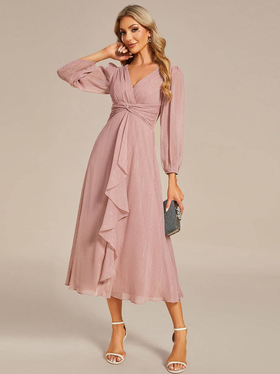Ever-Pretty - Shiny Chiffon Wedding Guest Dress with Long Sleeve: 4-26 Special Order