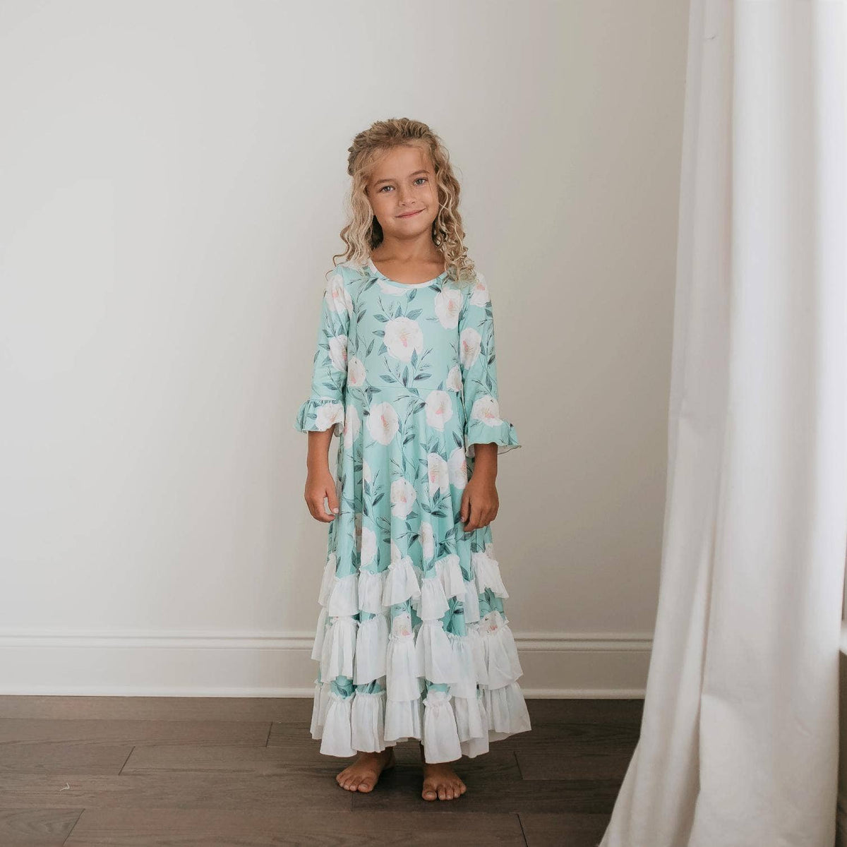 Oopsie Daisy - Kids Winter Mint Floral Long Sleeve Fall Ruffles Dress: 7/8
