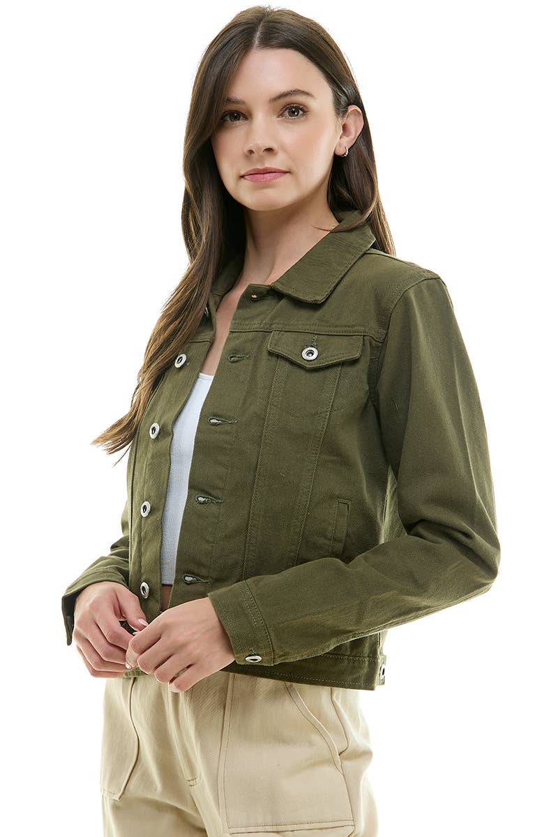 BLUE AGE - LADY CASUAL COTTON DENIM JEAN JACKET (OPEN PACK): Olive / 100% Cotton / S