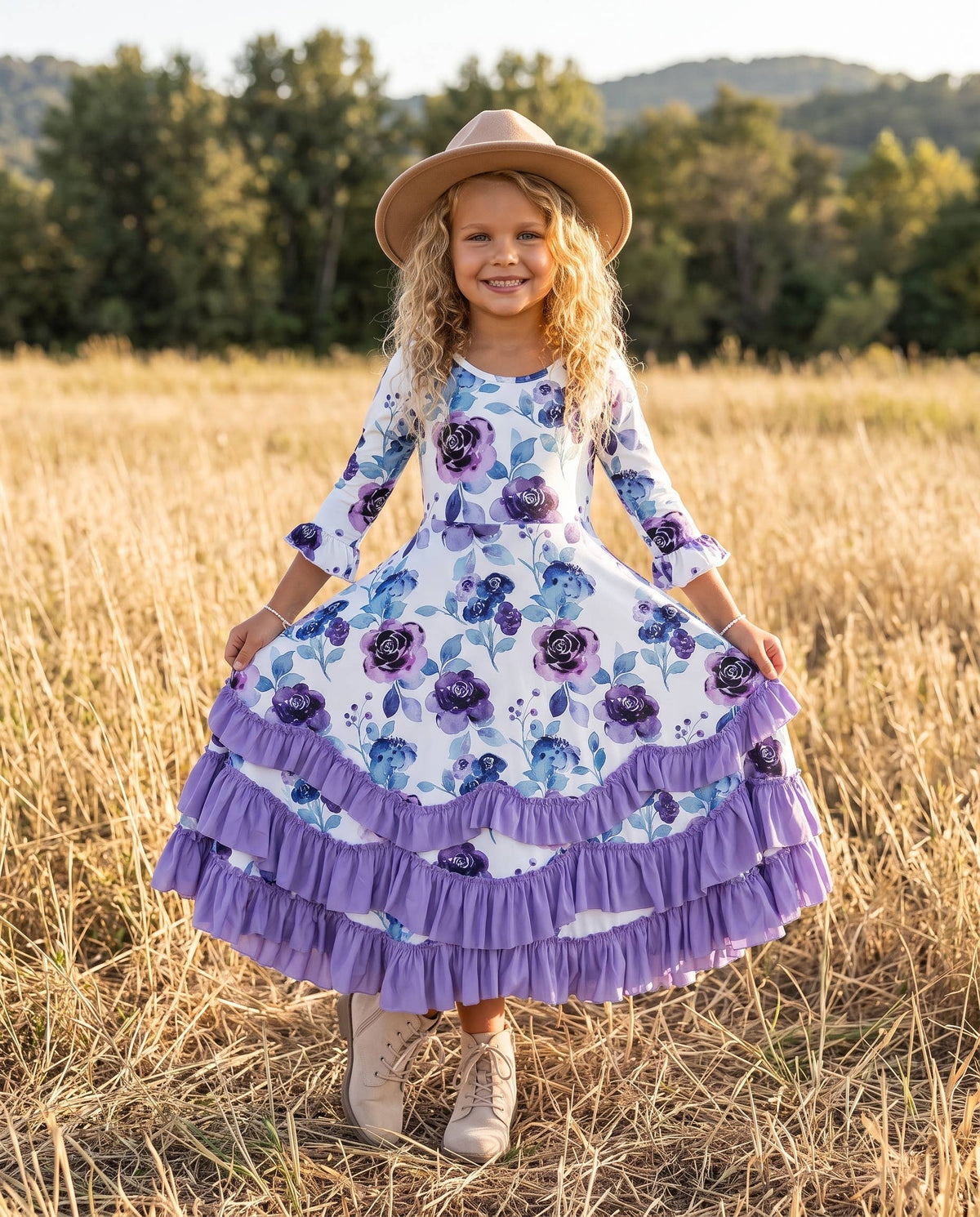 Oopsie Daisy - Girls Lavender Winter Floral Long Sleeve Ruffles Dress: 7/8