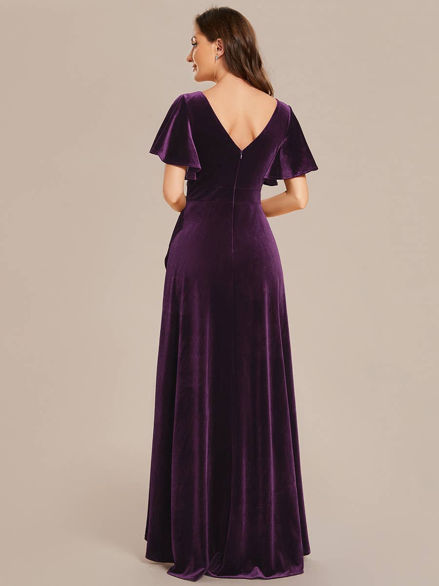 Ever-Pretty - High-low V Neck Evening Dress with Short Sleeves: Dark Purple